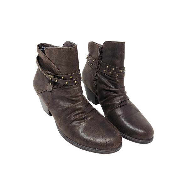 Yuu Marshey Faux Leather Studded Ankle Boots Side Zip Brown Round Toe Size 9 M - Picture 2 of 9